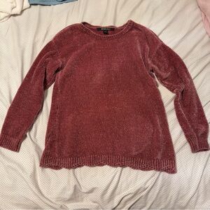 Chenille scalloped Long-Sleeve Plush Crewneck Sweater - Hot Pink